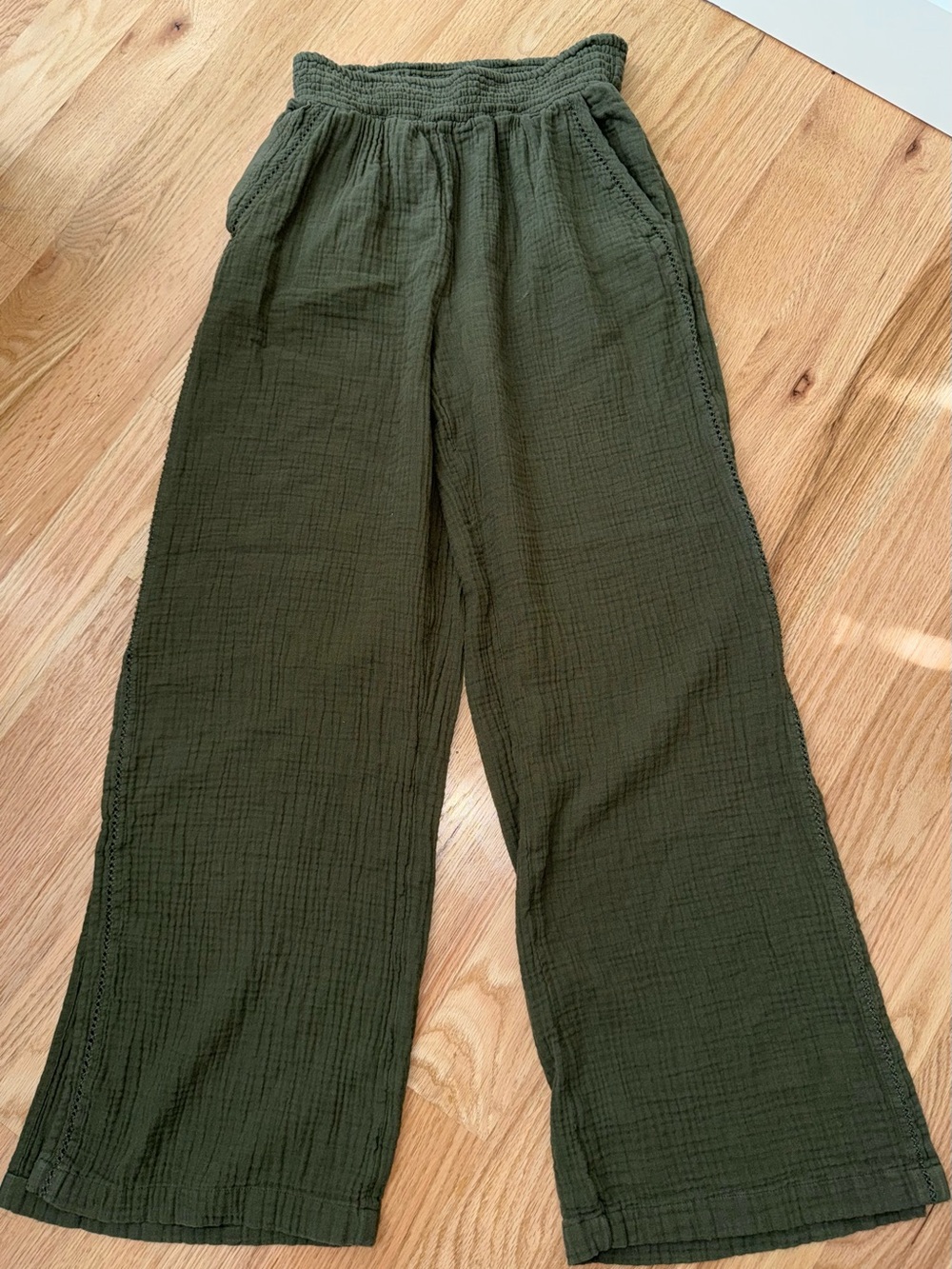 Aerie 100% Cotton Pool To Party Gauze Wide Leg Pants Elastic Waist Olive Green S